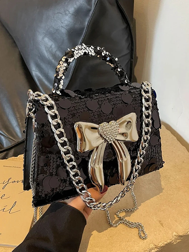 Glitter Shiny Sequins Square Bag Womens Handbag Metal Bow Knot Evening Bag Wedding Party Clutch Purse Crossbody Bag 240816