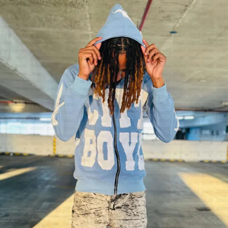 Y2K Hoodie Hip Hop Gothic Letter Splicing Loose Pulling Mens Fashion Retro Harajuku Street Clothing Casual Zipper Top 240813