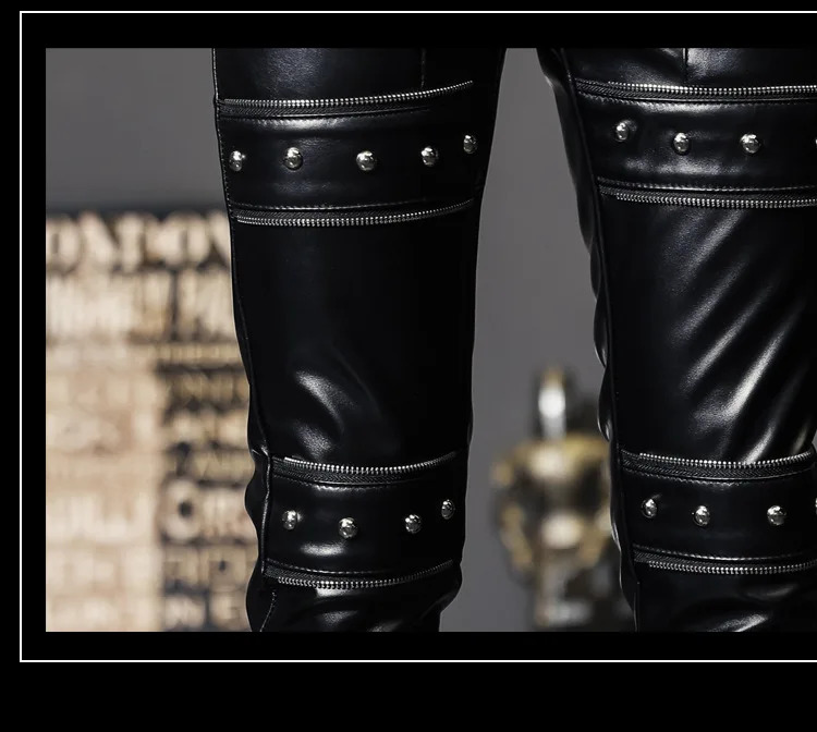 Idopy Mens Artificial Leather Pants Punk Style Tight Party Stage Performance Stud Nightclub Steampunk PU Trouser with Rivet 240816
