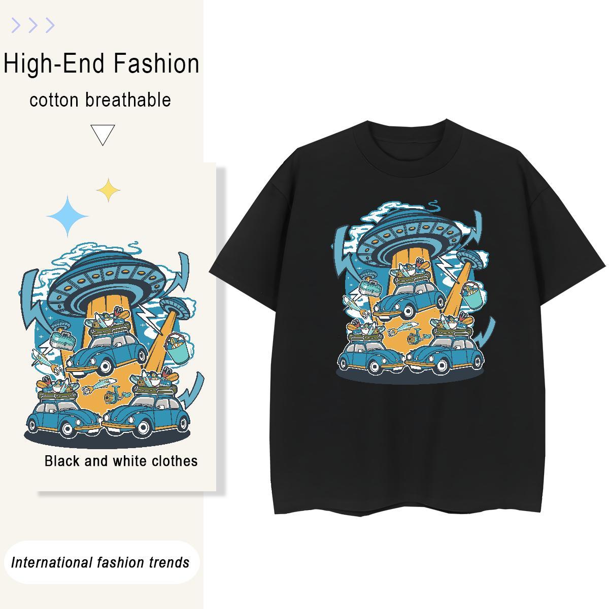 Loose Fit UFO 100% Cotton 230g Men Tops Tees Casual Breathable Short Sleeve Man T Shirts Fashion New Anime Top Tees