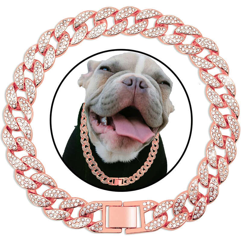 Dog Collars Pink Diamond 15MM Pet Cuban Jewelry Accessories for Dogs Cats Gold Dog Walking Metal Chain Collar H250219