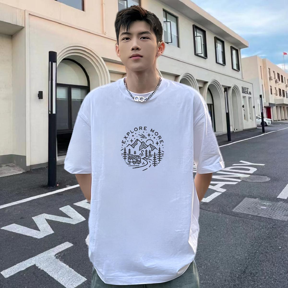 Classic T Shirt For Man 230g Cotton mountains Daily Wear Anime Print Short Sleeve Soft Men Tops Tees Stylist Polos