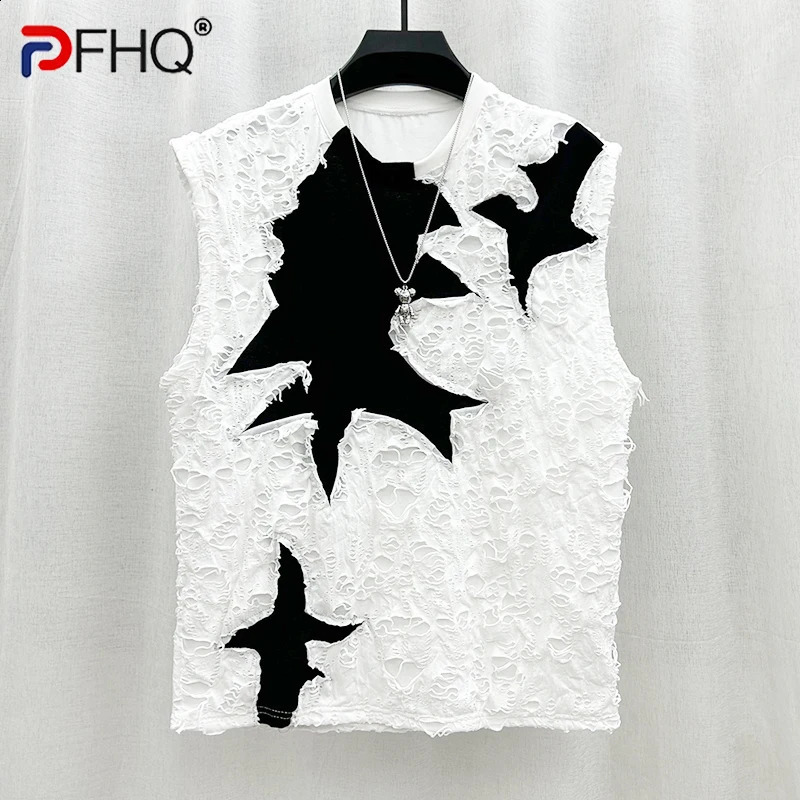 PFHQ mens summer vest wearing personalized patch work clothes perforated sleeveless mens breathable summer vest model 21Z49 240816
