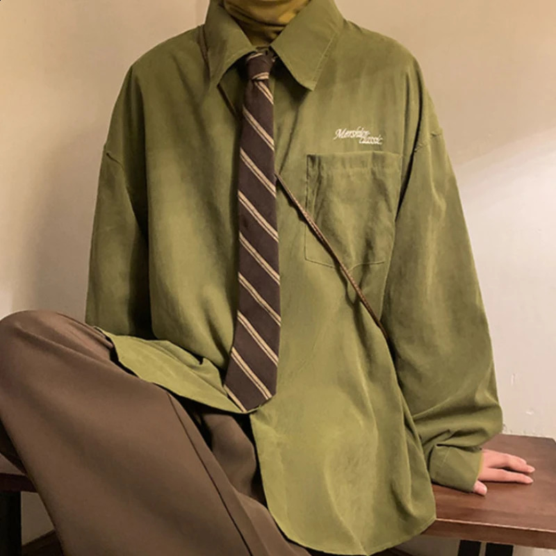 Gmiixdermens Japanese Preppy Blouse Loose Fitting Long Sleeved Button Lapel Blouse Versatile Tie Preppy Vintage Green Shirt Top 240816