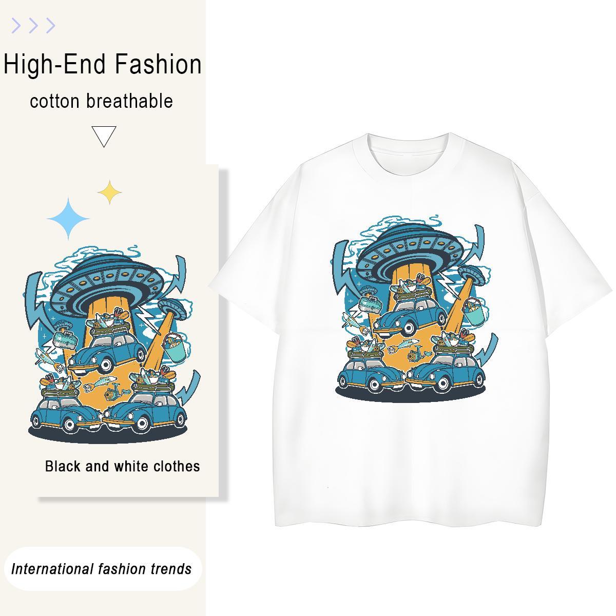 Loose Fit UFO 100% Cotton 230g Men Tops Tees Casual Breathable Short Sleeve Man T Shirts Fashion New Anime Top Tees