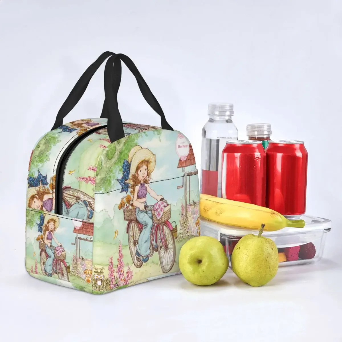 Cute Sarah Kay Girl Bike Ride Lunch Boxes Accessories Cartoon Village Life Thermal Cold Food Picnic Travel Lunch Bag Insulated 240816