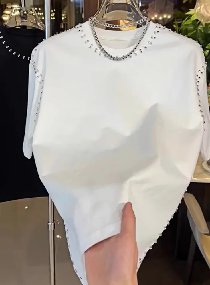Fashion Trend Mens T-shirt 2024 Summer Loose T-shirt Rivet Half Sleeve Casual Handsome Solid Color Short Sleeve T-shirt 240816