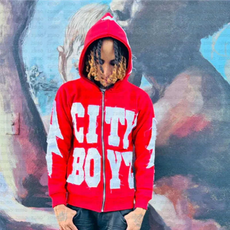 Y2K Hoodie Hip Hop Gothic Letter Splicing Loose Pulling Mens Fashion Retro Harajuku Street Clothing Casual Zipper Top 240813