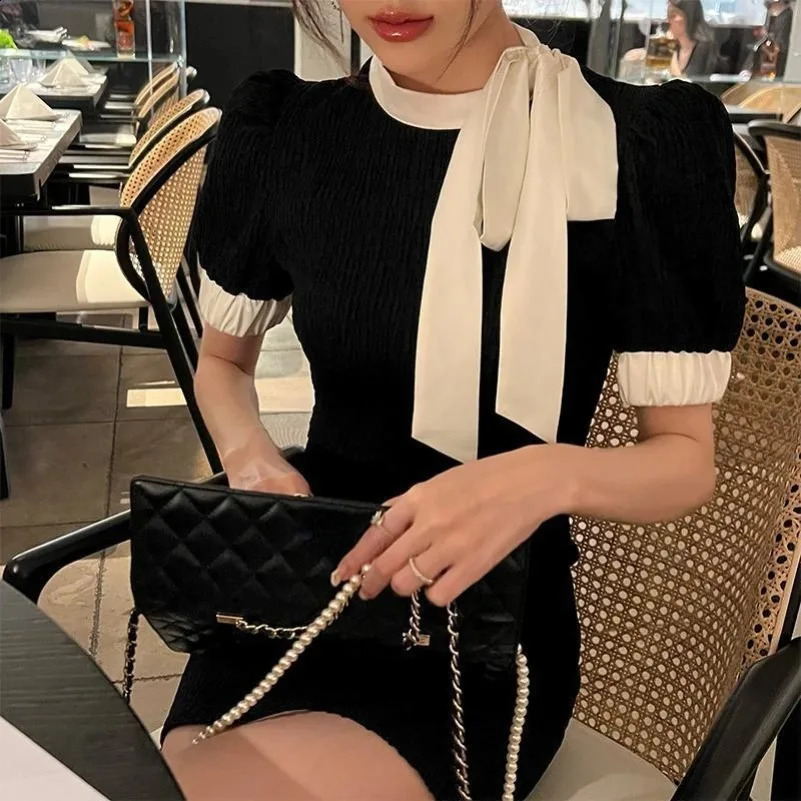 Summer Vintage Slim Black Mini Dress Office Lady Sexy Bodycon Elegant Party Casual Short Sleeve Korean Woman 240816
