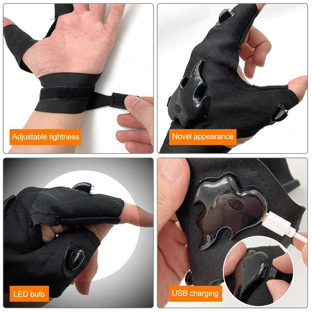 LED Gloves Finger Lamp USB Rechargeable Magic Strap Hands Free Gloves Flashlight Outdoor Waterproof Rescue Repair Night Lighting Y240817