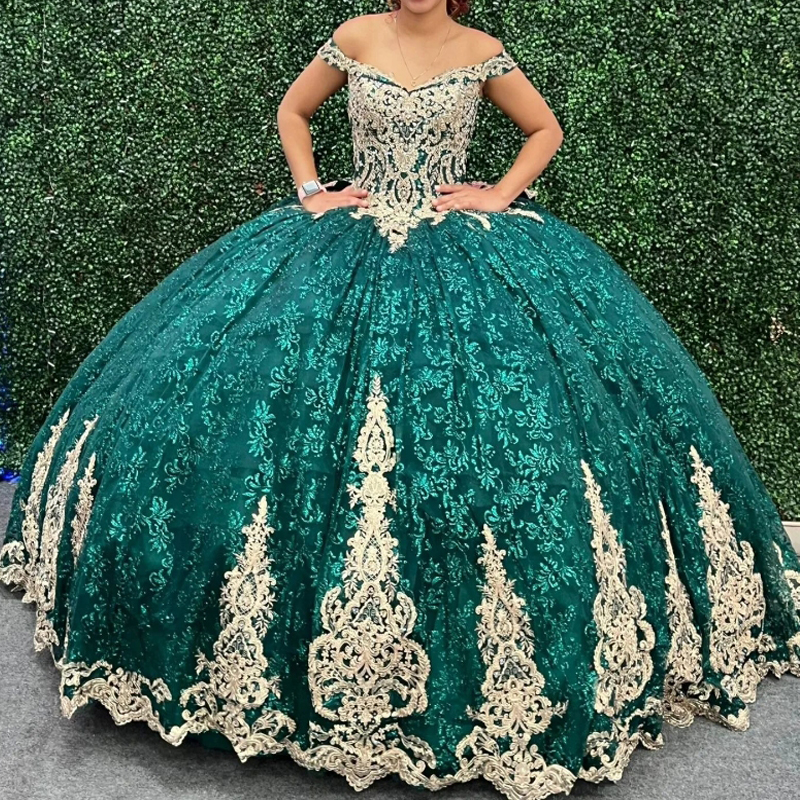 Emerald Green Princess Quinceanera Dress Gold Appliques Lace Bride Robe Corset Floor-length Vestidos 15 De Novia Sweet 16 Dress