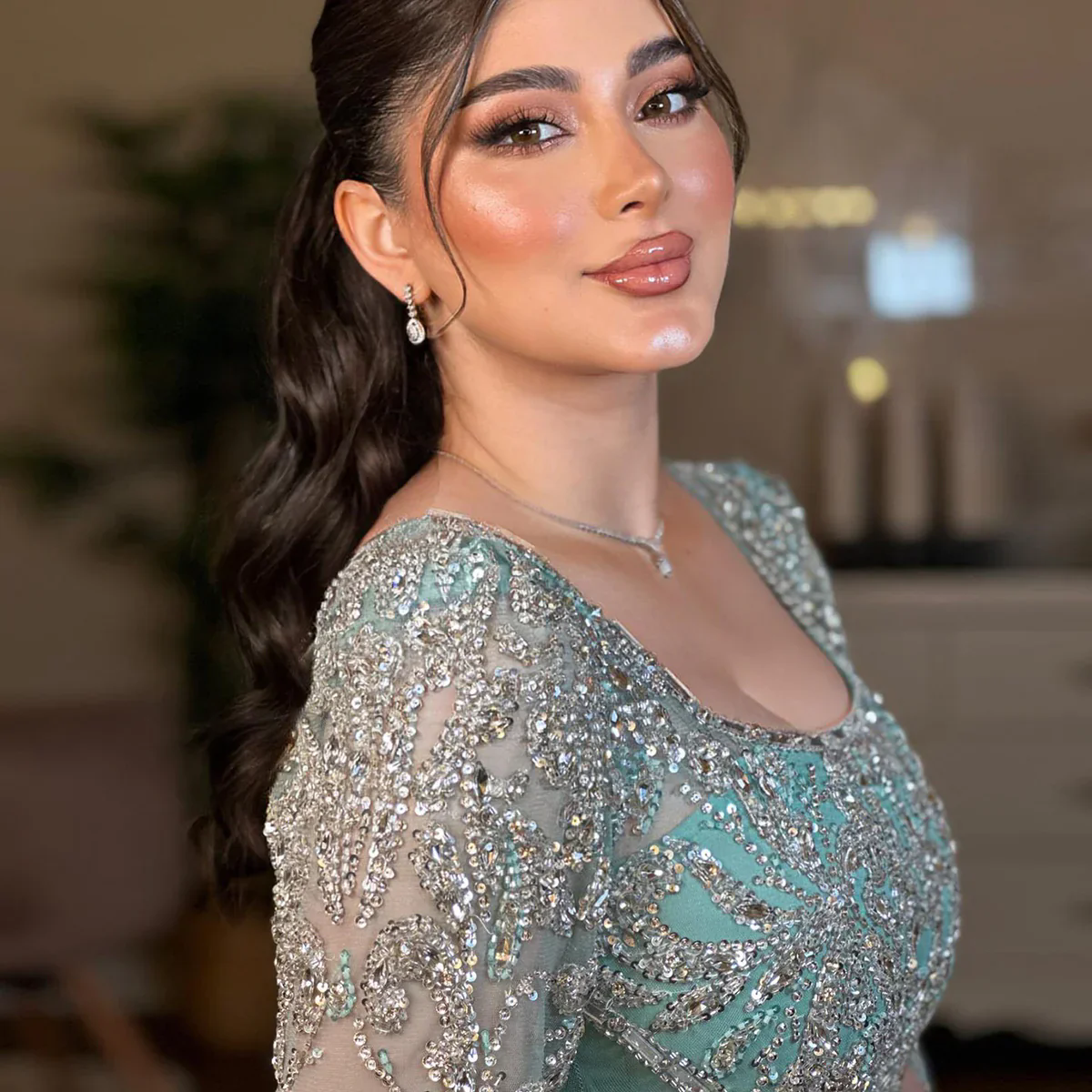 Arabic Turquoise Evening Dress With Cape Sleeves Elegant Sqaure Neck Dubai Women Weddings Prom Party Gowns 0107