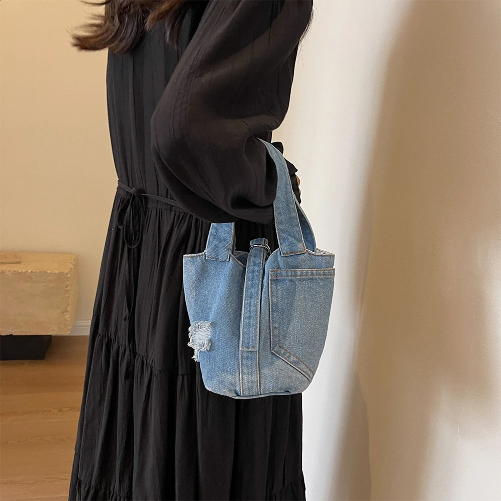 Women Street Handbag Fashion Denim Tote Bag Solid Color Handle Casual Shoulder for Date Party Shopping 240816Z