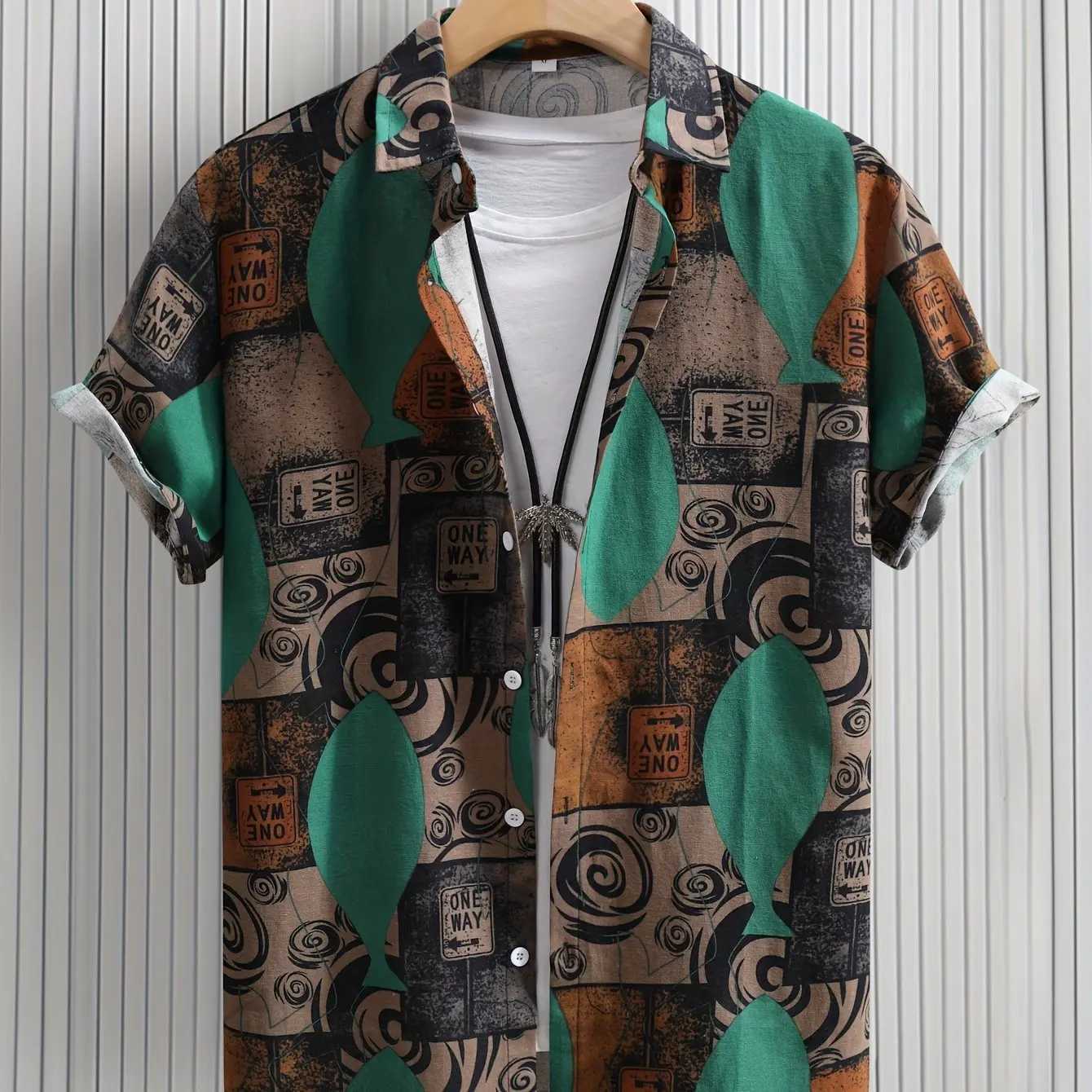 Mens loose cotton blend geometric pattern shirt casual breathable collared short sleeved shirt suitable for outdoor useW240726