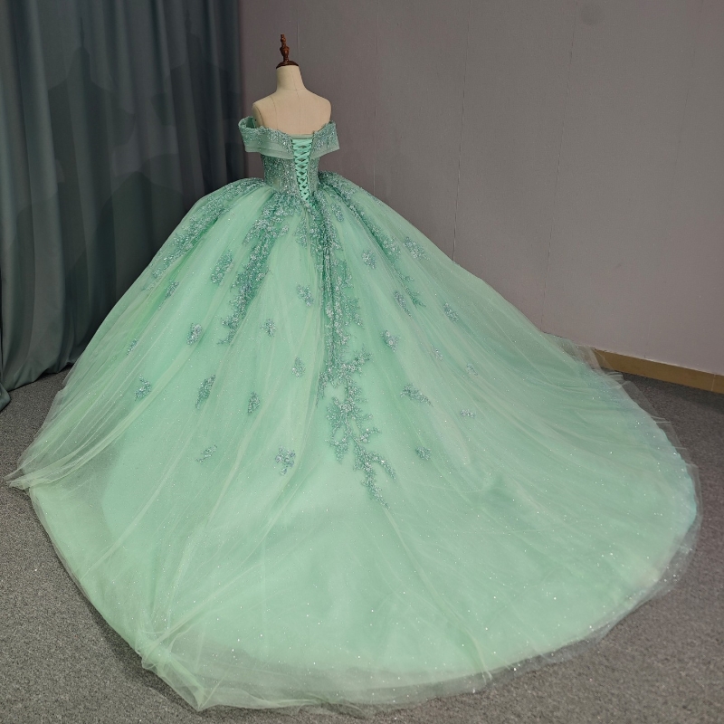 Mint Green Sparkly Princess Quinceanera Dresses Off Shoulder Gillter Beads Crystal Corset Sweet 16 vestidos de 15 anos quinceaneras