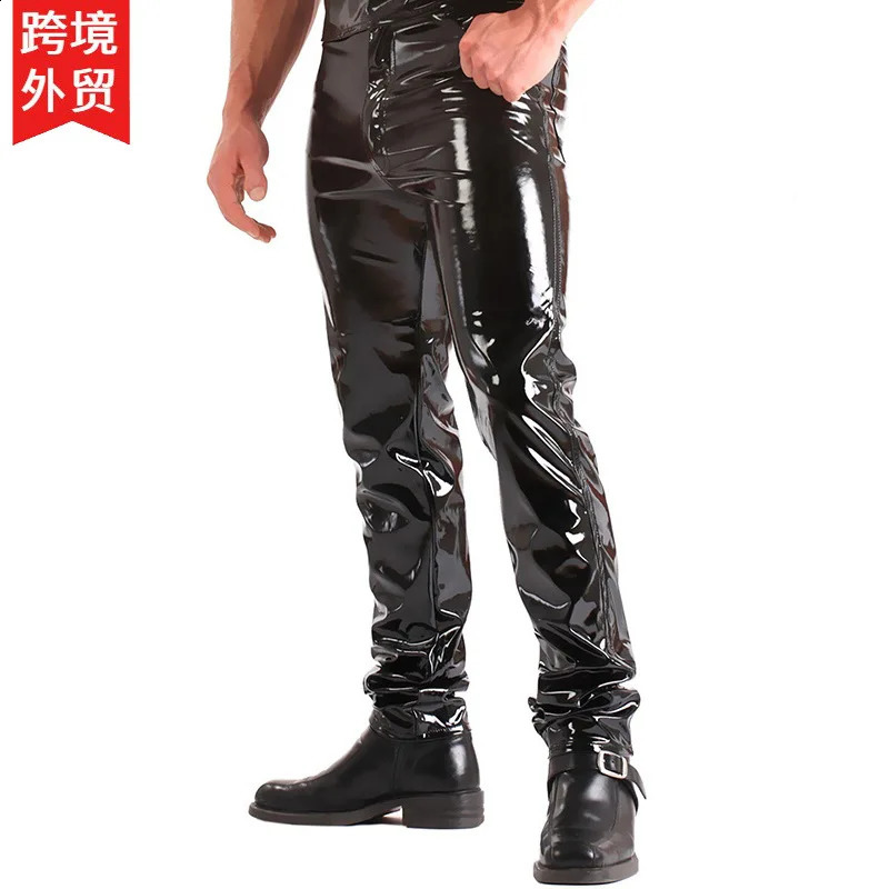 Latex Mens Pants Shiny Wet Look PU Leather Pants Fashion Tight Trousers for Club Stage Show Rock Band Performance 240816