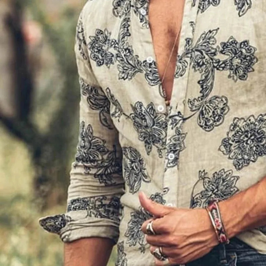 Mens Long Sleeve Shirt Casual Trend Fashion Floral Slim-fit Shirt For Men 240816