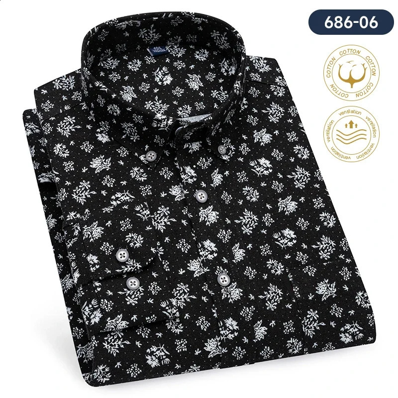Men 100 Cotton Oxford Long Sleeve Shirts Floral Print Breathable Office Dress Shirt Casual Fashion Standard Workwear Shirts 240816