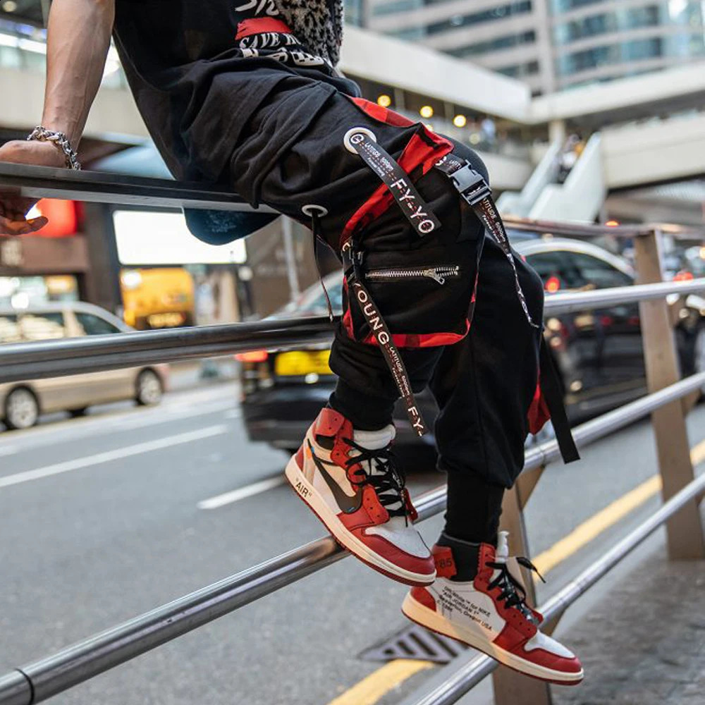 Mens Cargo Pants Casual Hip Hop Hit Color Multiple Pockets Trousers Streetwear Ribbons Techwear Sweatpants 240816