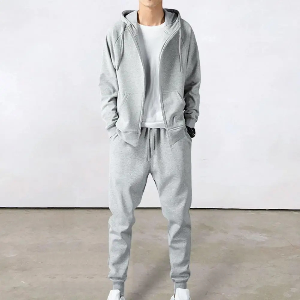 1 Set Men Hoodie Pants Solid Color Ribbed Cuff Jogger Suit Autumn Winter Loose Fit Sweatshirt Sweatpants Sportswear Set 240816