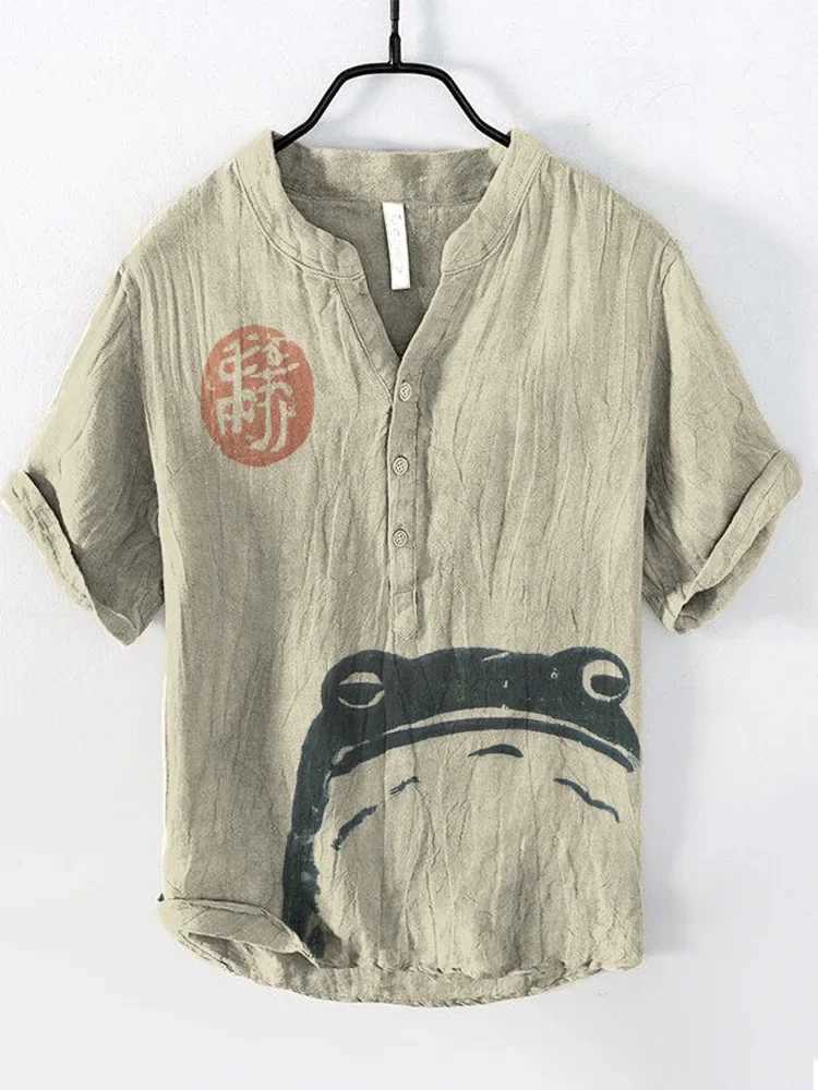 Spring and summer new bee print V-neck short sleeved shirt casual loose fitting long socks linen topW240726