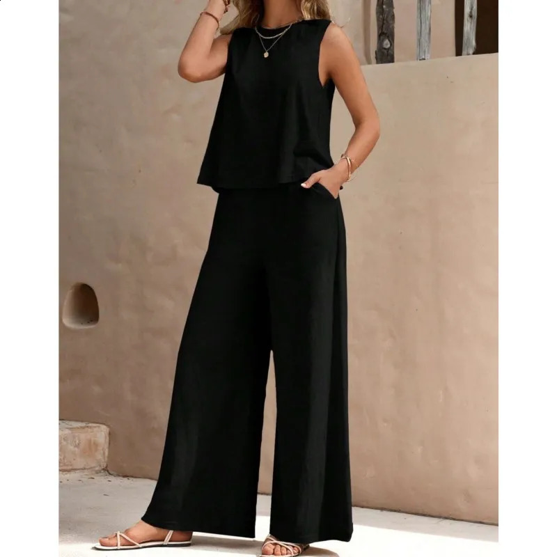 Womens Set Summer Yellow Round Neck Sleeveless Shirt Wide Leg Pants Two Piece Set For Women Versatile Casual Outfits 240816
