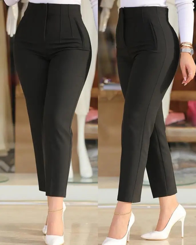 2024 Elegant High Waist Cropped Work Pants For Women Black AllMatch Daily Office Formal Wear Fashion Trousers OL 240816