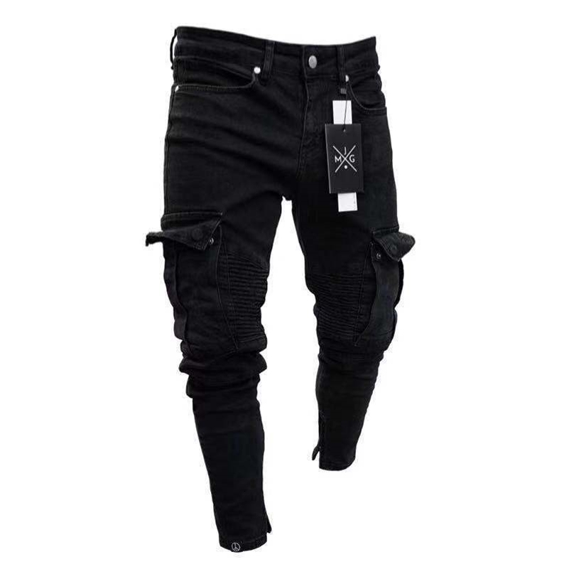 Stretch Jeans for Men Black Big Side Pockets Cargo Male Jeans Fashion Zipper Small Foot Denim Pants Elastic Jogging Trousers 240816