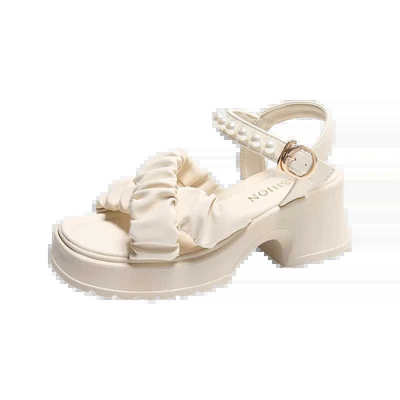 2024 Summer New Open Toe Pearl Button Strap Thick Sole Waterproof Platform Sandals for Women Thick Sole Shoes for Womens CI240806