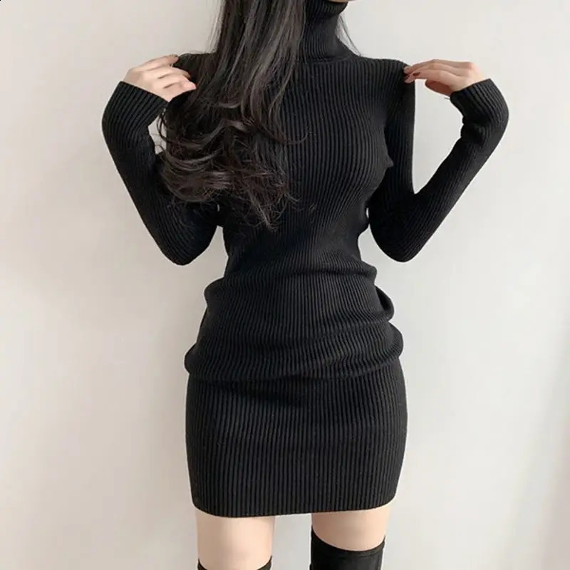 Solid Female Dress Short Extreme Mini Sexy Daring Turtleneck Crochet Womens Dresses Knit Clothing Bodycon Korean Fashion Cotton 240816