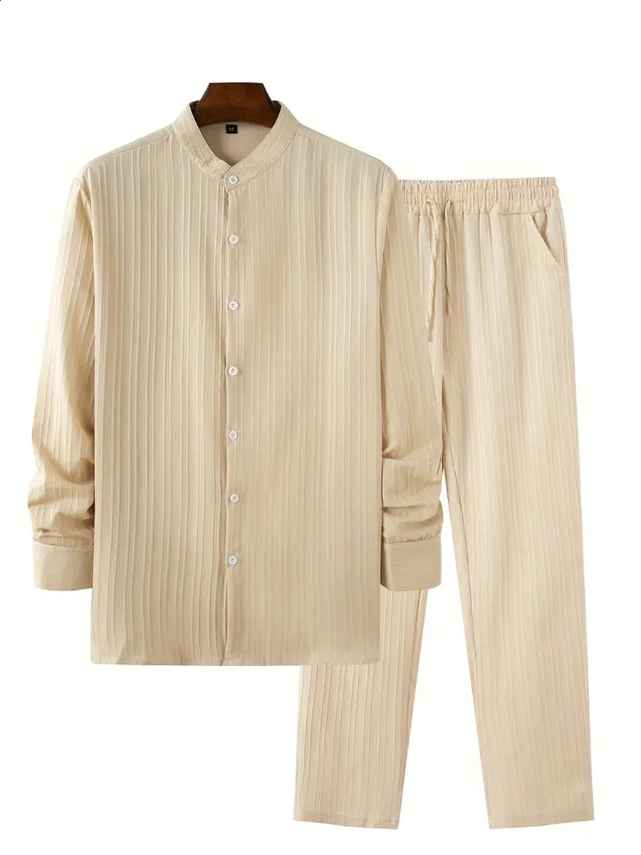 Tiki Mens Shirt Spring And Autumn Casual Shopping Solid Color Striped Long Sleeve Shirt Striped Pants Set Flash Sales 240821
