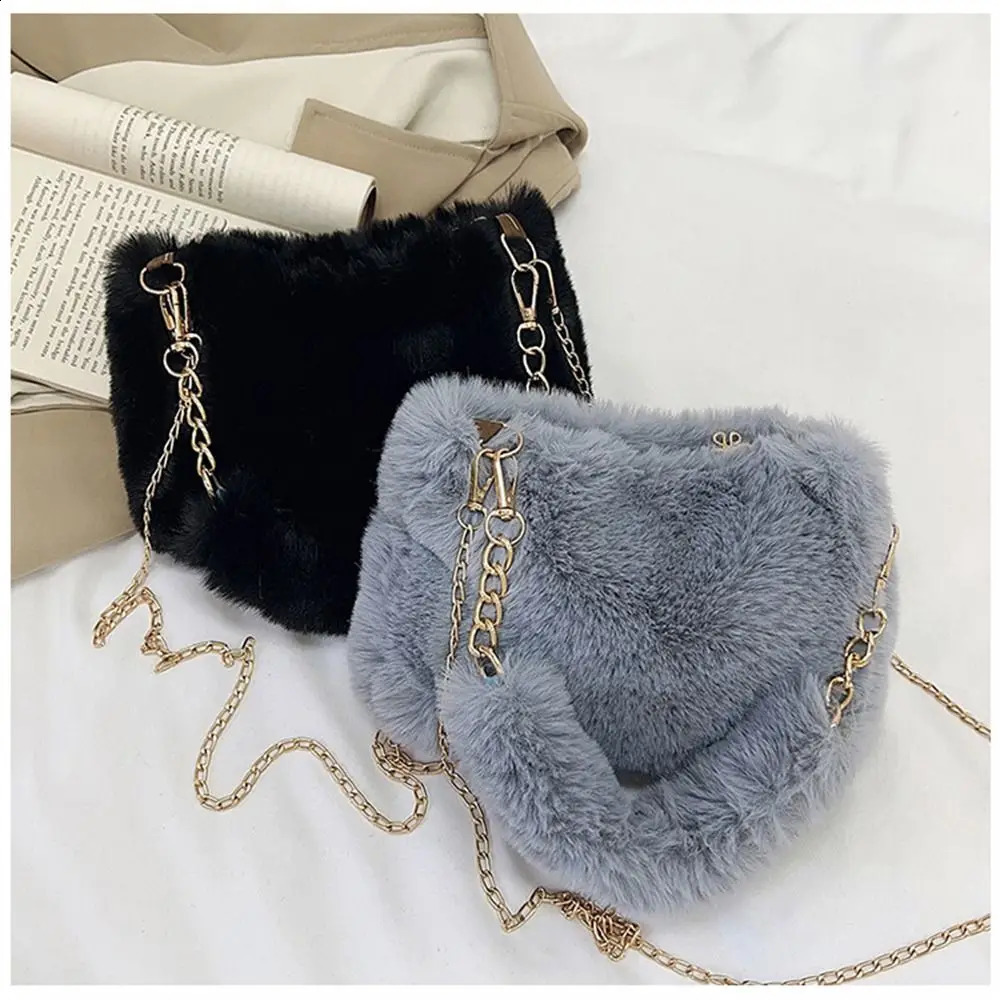 Fashion Women Fluffy Shoulder Bags Female Winter Chain Underarm Bag Solid Color Handbag Soft Plush Handle 240816Z