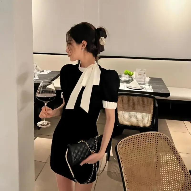 Summer Vintage Slim Black Mini Dress Office Lady Sexy Bodycon Elegant Party Casual Short Sleeve Korean Woman 240816
