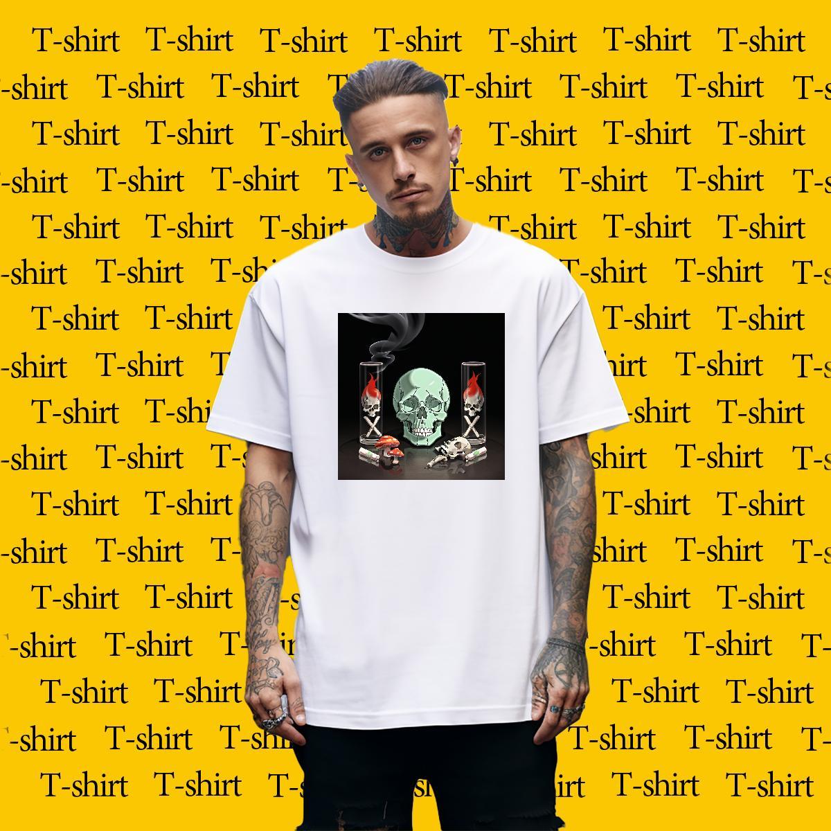 Free Shipping Mens T Shirts 100% Cotton 230g skull Casual Floral Print Pure Cotton Men Tees 2024 Summer Tops Shirt