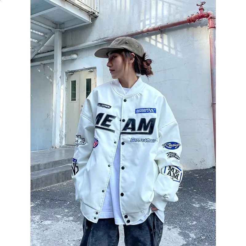 Bomber Leather Jacket Men Women Y2k Vintage Varsity PU Jackets Racing Hip Hop Oversize Letter Baseball Outwear Autumn Street 240809