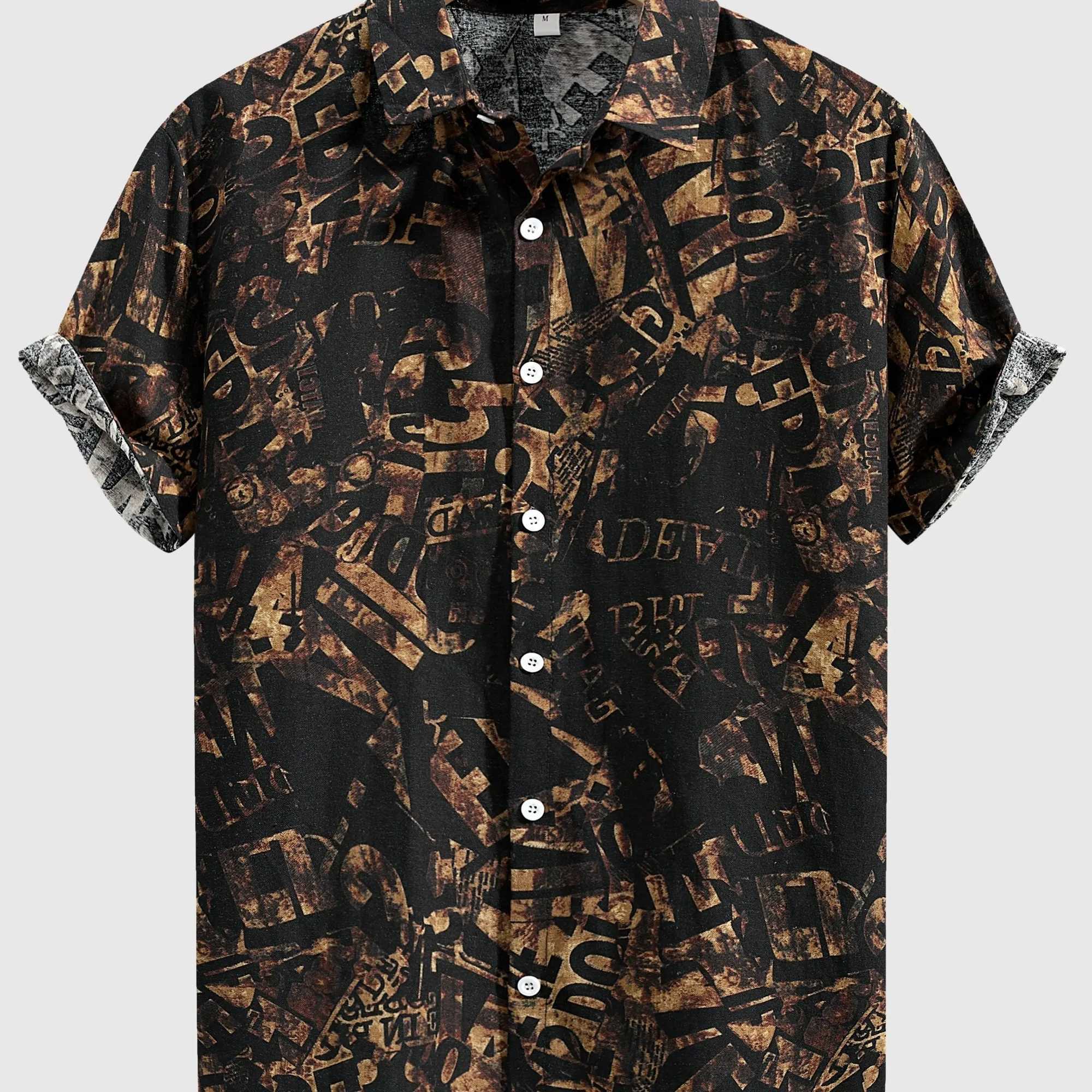 Mens loose cotton blend geometric pattern shirt casual breathable collared short sleeved shirt suitable for outdoor useW240726