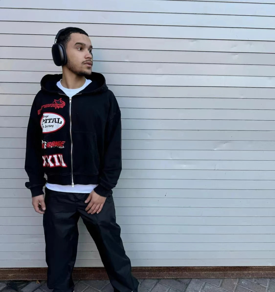 American retro skull lazy style printed hooded long sleeved sweater Y2K zipper couple 240816