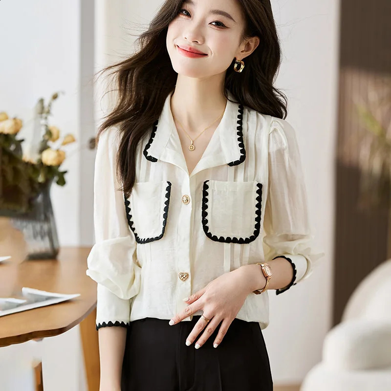 Women Clothing Fashion Turn-down Collar Long Sleeve Blouse Autumn Loose Office Lady Chiffon Shirts Casual Solid Button Tops 240816