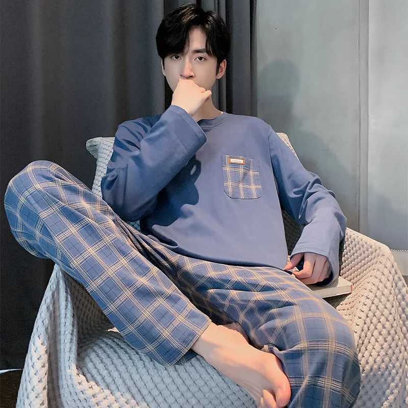 Spring Cotton Pajamas Men Lounge Sleepwear Blue Plaid Pijama Mans Bedgown Home Clothes PJ Pijama Hombre pijma hombre DropshipXJ240815