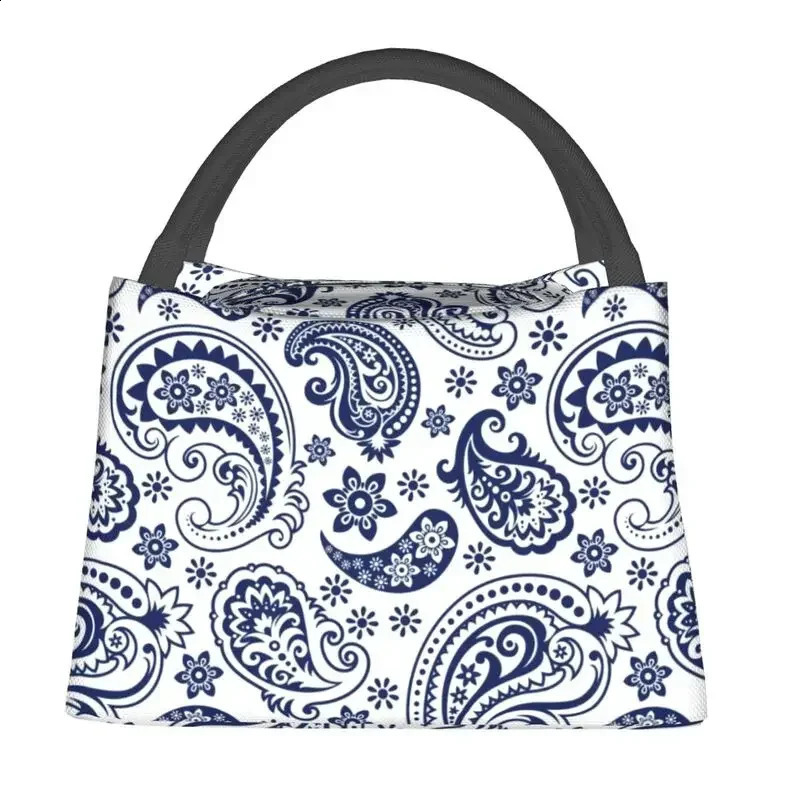 Blue And White Vintage Paisley Style Insulated Lunch Bag for Women Leakproof Flowers Pattern Cooler Thermal Lunch Tote 240816