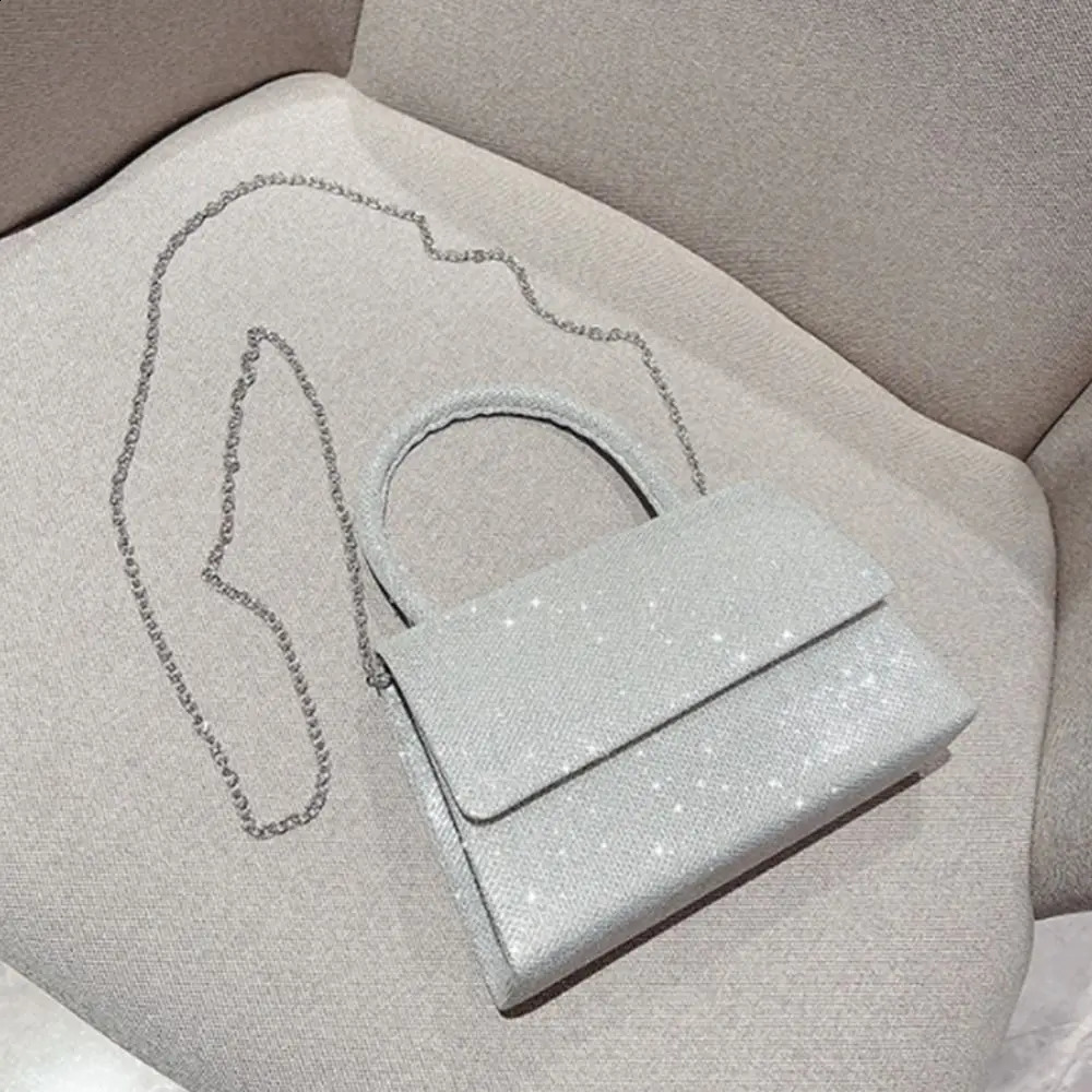 Silver Bright Silk Evening Bag Women Elegant Fashion Banquet Clutch Chain Shoulder Bags Purse Female Handbag 240816Z