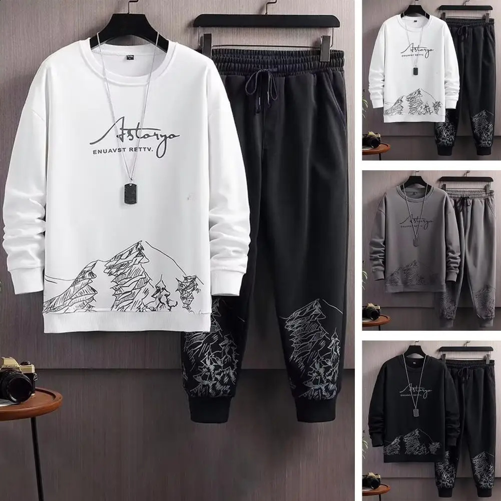 Printed active mountain print mens casual track set with O-ring sports shirt and jogging pants suitable for mens wear in autumn and winter 240827