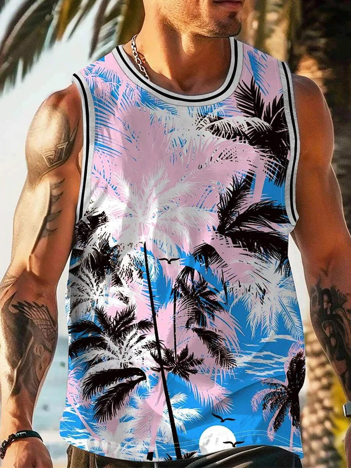 Hawaiian style palm tree vest mens summer casual sleeveless T-shirt mens holiday beach party casual top 240816