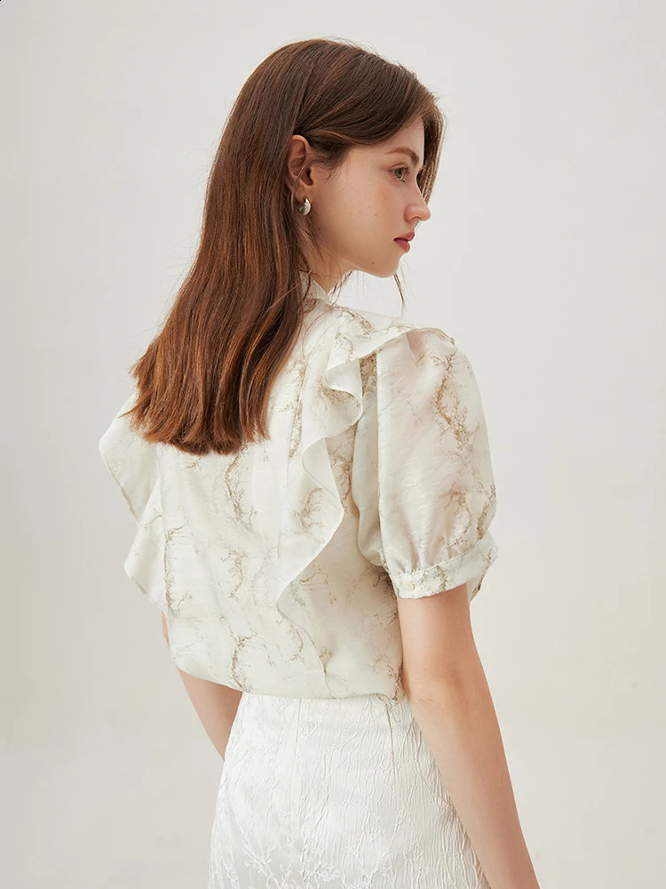 FSLE Stand collar Chinese style womens summer thin short sleeved shirt with fungal edge design chiffon 24FS12459 240814