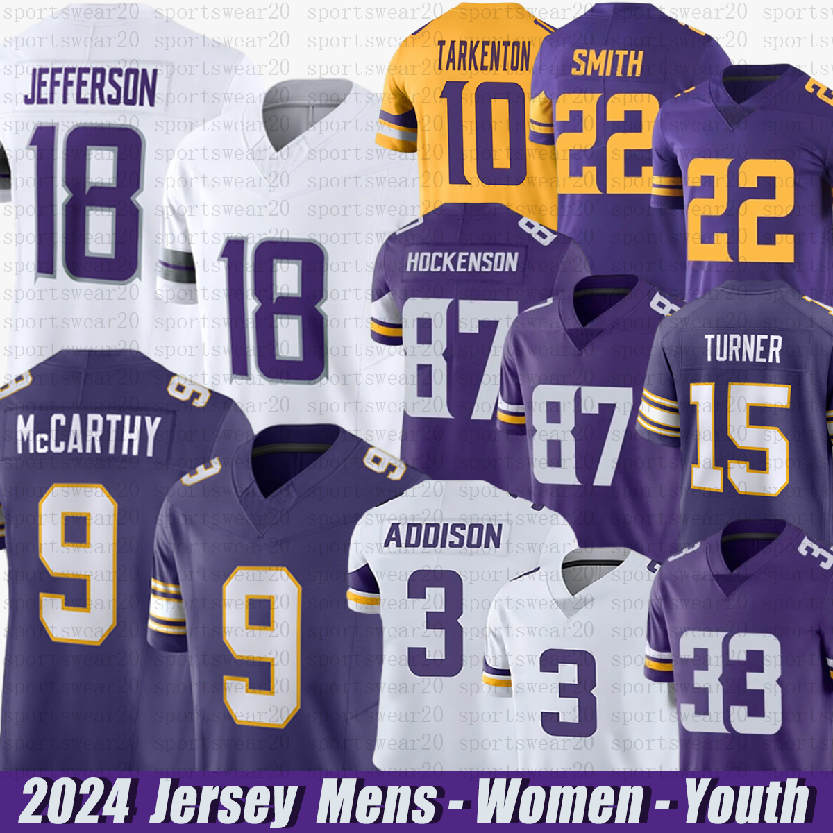 Minnesotacity VikingsS #18 Justin Jefferson #9 J.J. McCarthy T.J. Hockenson Harrison Smith Aaron Jones Christian Darrisaw Camryn Bynum Randy Moss jerseys