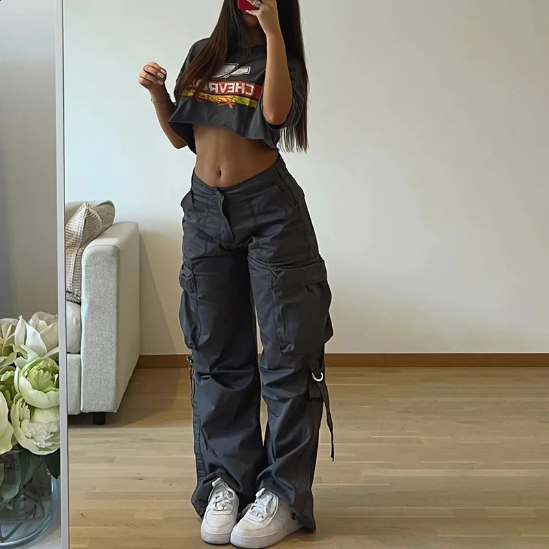 Rockmore Cargos Style Parachute Pants Low Waist Women Joggers Harajuku Pockets Baggy Wide Leg Trousers y2k Streetwear Casual Z260314