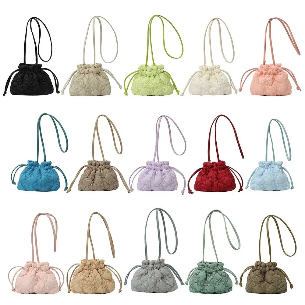 Women Puffer Bucket Bag Detachable Strap Drawstring Shoulder Bags Solid Color Quilted Crossbody for Outdoor Travel 240816