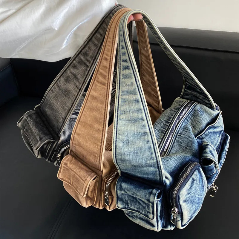 Women Denim Crossbody Bag Casual Large Capacity Shoulder Bag Vintage Solid Color Messenger Bag Multi-Pockets Zipper Commute Bag 240816