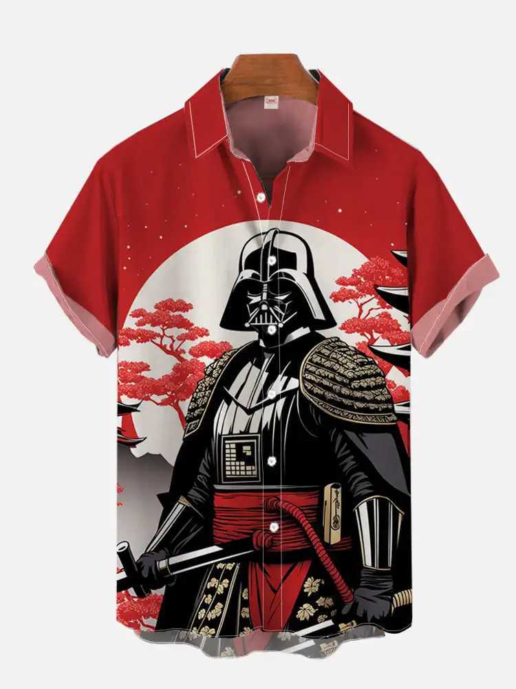 2024 Fashion Ukiyo-E Tropical Flower and Sci Fi Space Warrior Printed Flip Collar Hawaiian Short Sleeve Casual ShirtW240726