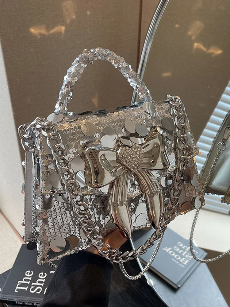 Glitter Shiny Sequins Square Bag Womens Handbag Metal Bow Knot Evening Bag Wedding Party Clutch Purse Crossbody Bag 240816